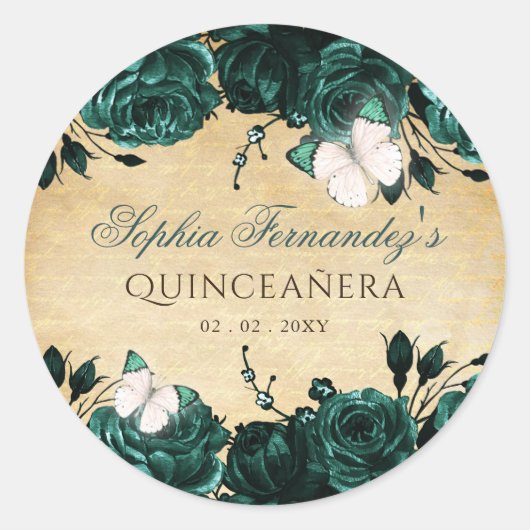 Landelijke Vintage Smaragdgroene Bloem Vlinder Ronde Sticker (Voorkant)