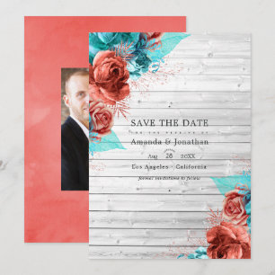Landelijke Vintage Turquoise en Koraal Bloemige Br Save The Date
