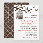 Landelijke vintage vogelkooi witte trouwuitnodigin kaart (Voorkant / Achterkant)