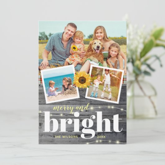 Landelijke Vintage Zonnebloem Familie Fotocollage Feestdagenkaart (Staand voorkant)