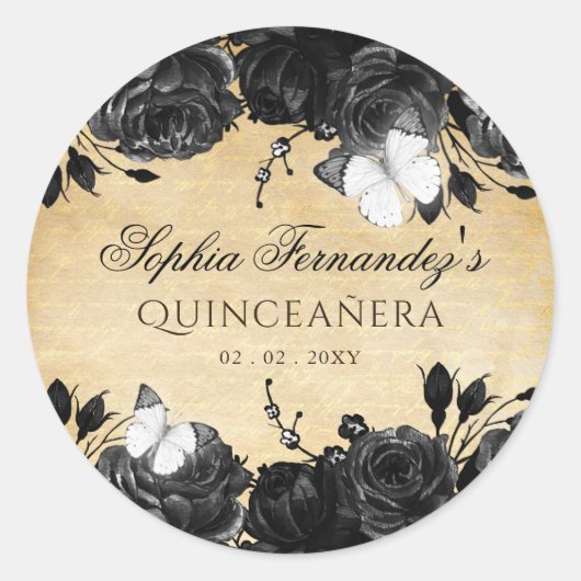 Landelijke Vintage Zwarte Bloem Vlinder Ronde Sticker (Voorkant)