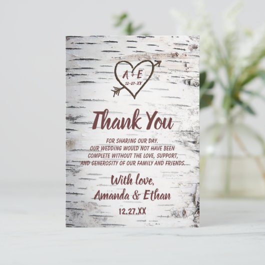 Landelijke vogelboom Bark Heart Arrow Rustic Weddi Bedankkaart (Staand voorkant)