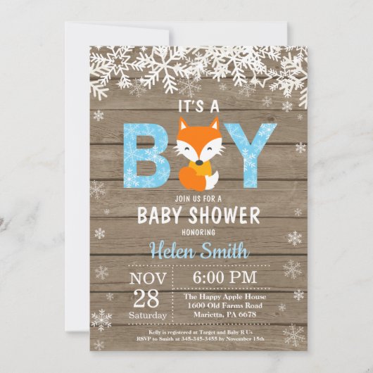 Landelijke Vos Winter Jongen Baby Shower Uitnodigi Kaart (Voorkant)