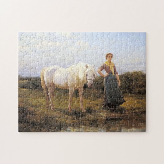 Landelijke vrouw die een wit paard aan water neemt legpuzzel (Horizontaal)