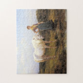 Landelijke vrouw die een wit paard aan water neemt legpuzzel (Verticaal)