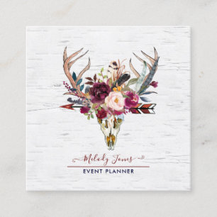LANDELIJKE WATERKLEUR BLOEMEN, BOHO SKULL+PIJL VIERKANTE VISITEKAARTJE