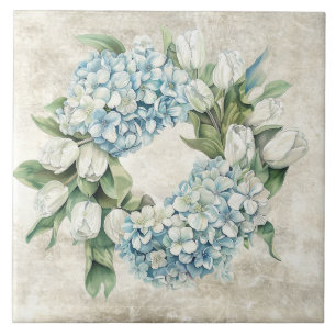 Landelijke waterverf blauwe hortensia tulpen krans tegeltje