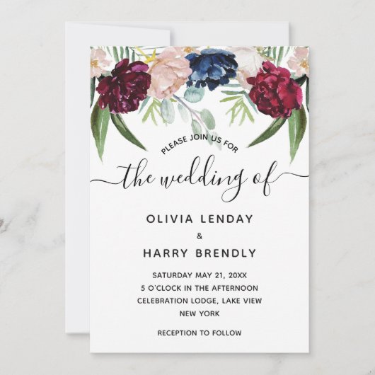 Landelijke Waterverf Bloemige Elegante Trouwdag Kaart (Voorkant)
