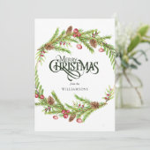 Landelijke waterverf denneappel groene krans feestdagenkaart (Staand voorkant)