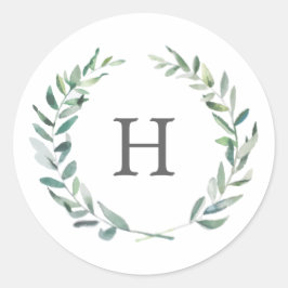 Landelijke waterverf groenblijvende krans monogram ronde sticker
