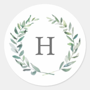 Landelijke waterverf groenblijvende krans monogram ronde sticker