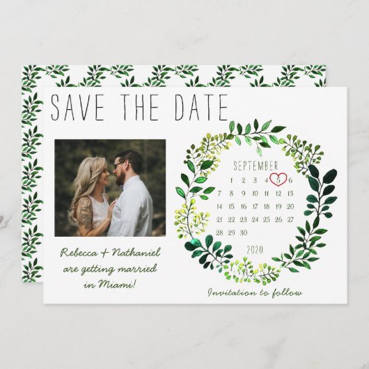 Landelijke Waterverf Groene Huwelijkskalender Hart Save The Date (Voorkant / Achterkant)