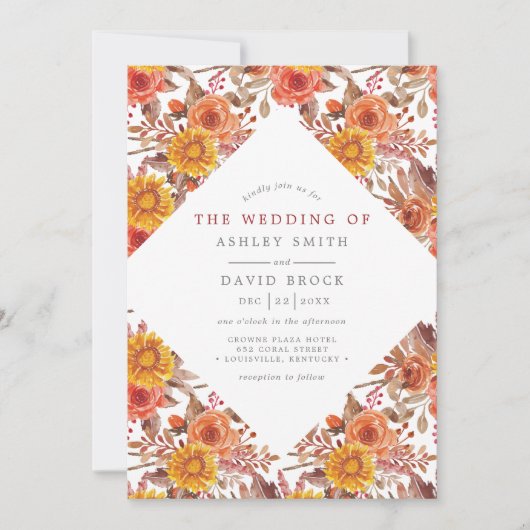 Landelijke waterverf herfst bloemige bruiloft kaart (Voorkant)