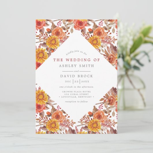 Landelijke waterverf herfst bloemige bruiloft kaart (Staand voorkant)