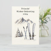 Landelijke waterverf ski sneeuwberg familiereünie kaart (Staand voorkant)