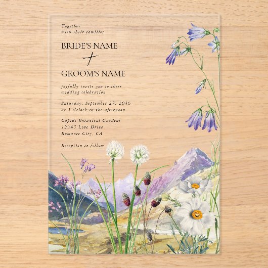 Landelijke Waterverf Wilde Bloem Berg Bruiloft Acryl Uitnodigingen (Voorkant)