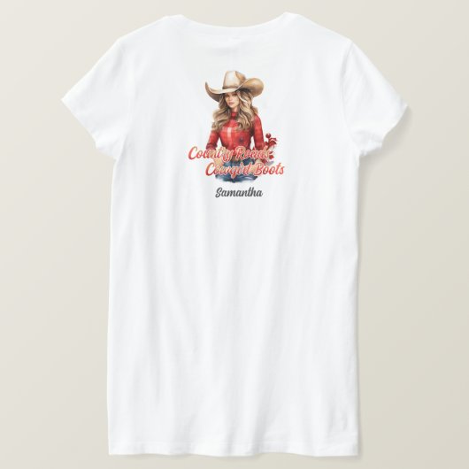 Landelijke wegen cowgirl boots kerstmeisje t-shirt (Design achterkant)
