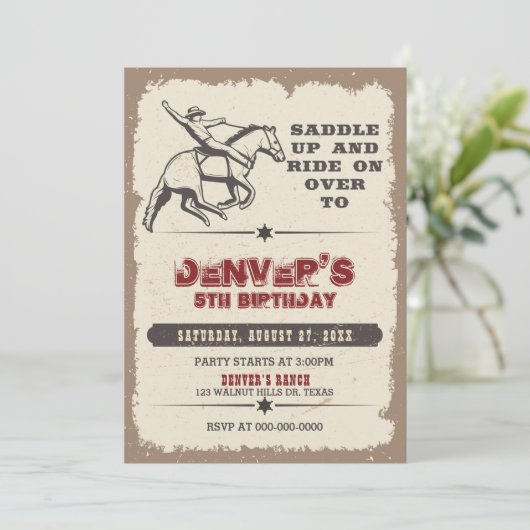 Landelijke Western Rodeo Cowboy Verjaardagsuitnodi Kaart (Staand voorkant)
