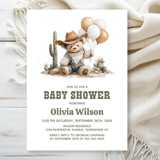 Landelijke western teddybeer babyshower uitnodigin kaart