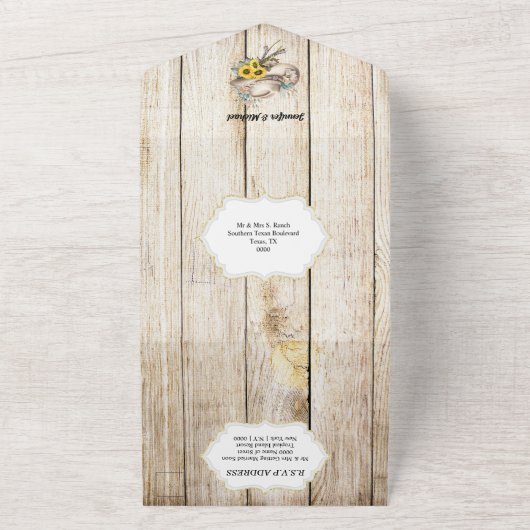 Landelijke western waterverf paard zonnebloem all in one uitnodiging (Buitenkant)