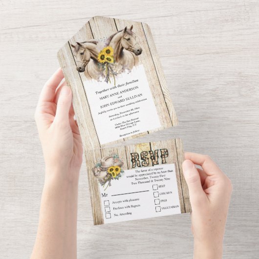 Landelijke western waterverf paard zonnebloem all in one uitnodiging (Afscheurbaar)