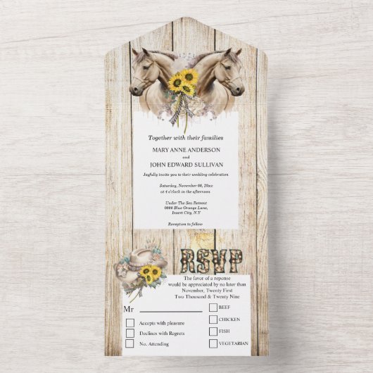 Landelijke western waterverf paard zonnebloem all in one uitnodiging (Binnen)