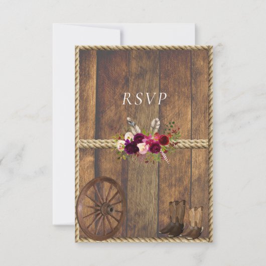 Landelijke Westerne bruiloft Roses Feathers Rope RSVP Kaartje (Voorkant)
