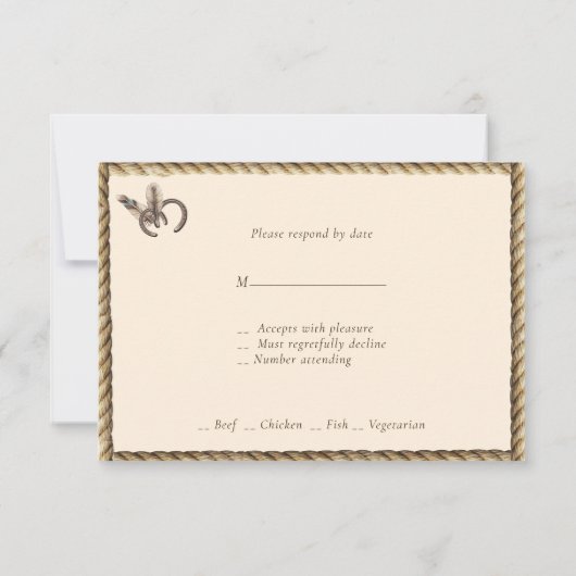 Landelijke Westerne bruiloft Roses Feathers Rope RSVP Kaartje (Achterkant)