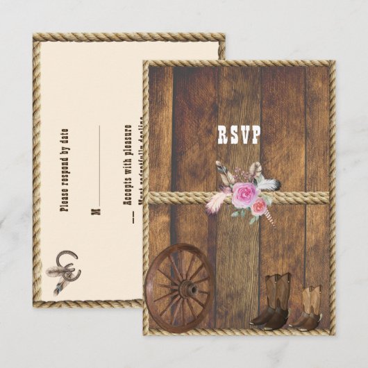 Landelijke Westerne bruiloft Roses Feathers Rope RSVP Kaartje (Voorkant / Achterkant)