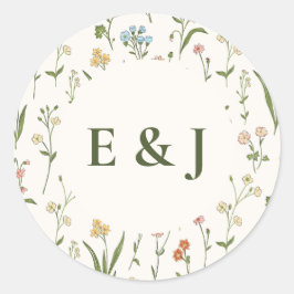Landelijke wilde bloem bloemstuk met monogram ronde sticker