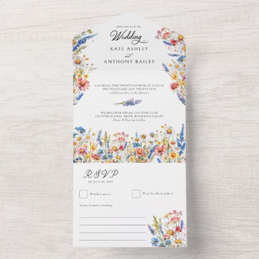 Landelijke Wilde Bloem Kleurrijke Bloemige Bruilof All In One Uitnodiging (Binnen)