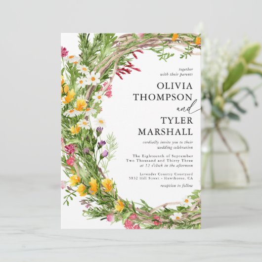 Landelijke Wilde Bloemen Boheemse Trouw Uitnodigin Kaart (Staand voorkant)