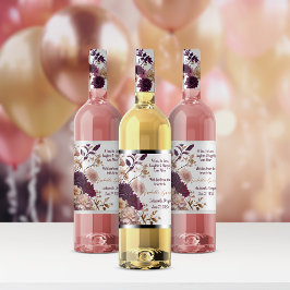 Landelijke Wilde Bloemen Bordeauxrood & Blush Brui Wijn Etiket