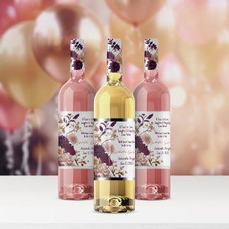 Landelijke Wilde Bloemen Bordeauxrood & Blush Brui Wijn Etiket