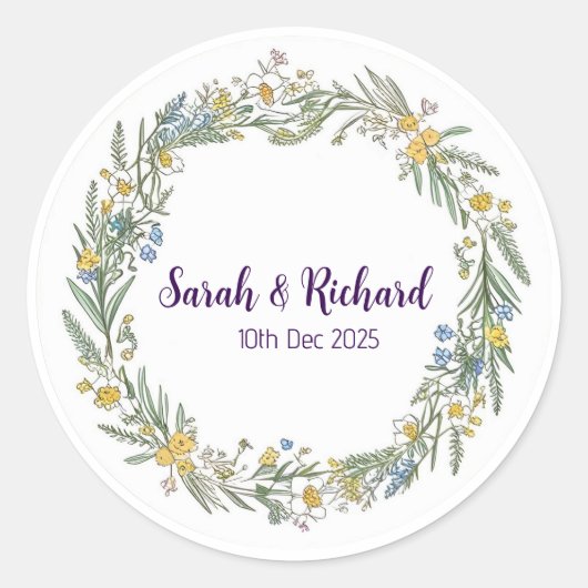Landelijke Wilde Bloemen Lente Bruiloft, Romantisc Ronde Sticker (Voorkant)