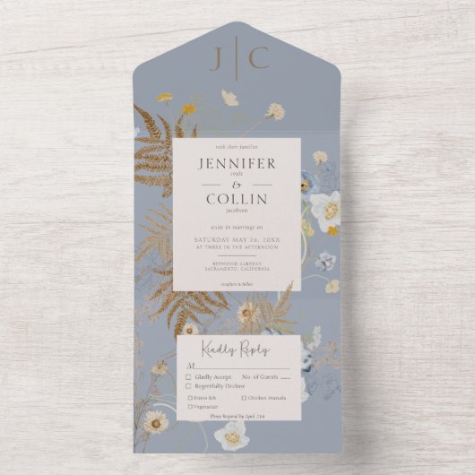 Landelijke Wilde Bloemen Monogram Stofblauw Eettaf All In One Uitnodiging (Binnen)