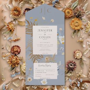 Landelijke Wilde Bloemen Monogram Stofblauw Eettaf All In One Uitnodiging