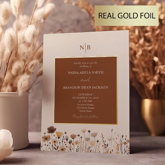 Landelijke Wilde Bloemen Terracotta Trouw Folie Uitnodiging