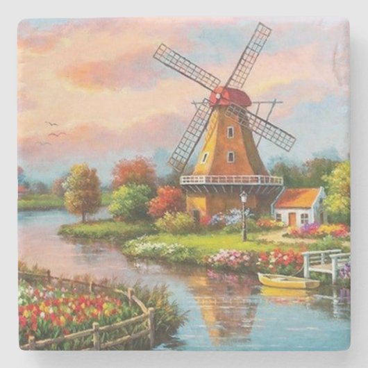 Landelijke windmolens fijnkunst stenen onderzetter (Voorkant)