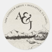 Landelijke Winter Berg Bruiloft Monogram Ronde Sticker (Voorkant)