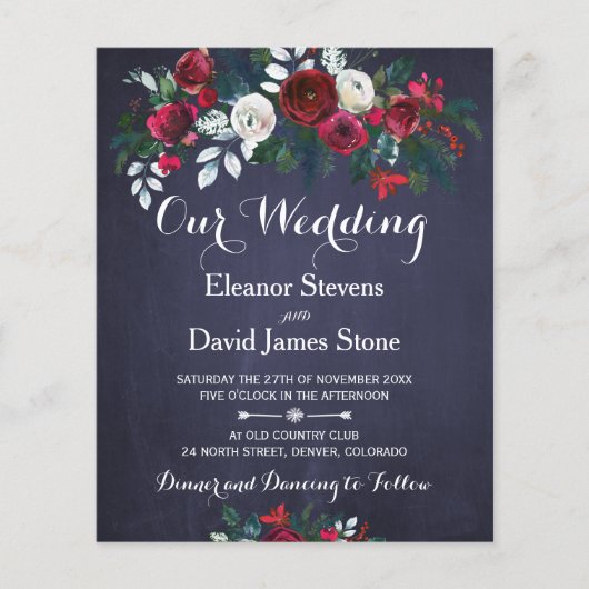 Landelijke winter bloemige budget bruiloft uitnodi (Voorkant)