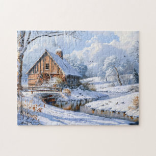 Landelijke winter schuur aan bevroren beek legpuzzel