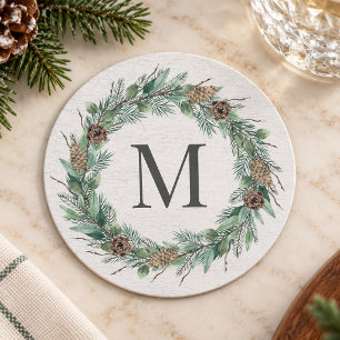 Landelijke wintergroen monogram initiaal krans ronde kartonnen onderzetter