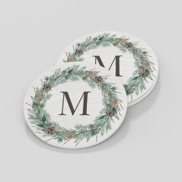 Landelijke wintergroen monogram initiaal krans ronde kartonnen onderzetter