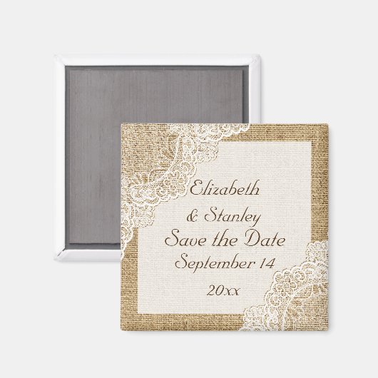 Landelijke witte kant op jute wedding Save the Dat Magneet (Voorkant / Achterkant)