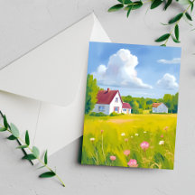 Landelijke Woonstede Weelderig Groen Veld Aquarelk