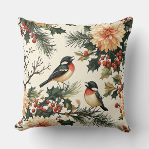 Landelijke Zangvogel Winter Crème Rode Botanische Kussen