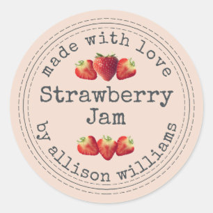 Landelijke zelfgemaakte aardbeienjam pastelroze ronde sticker