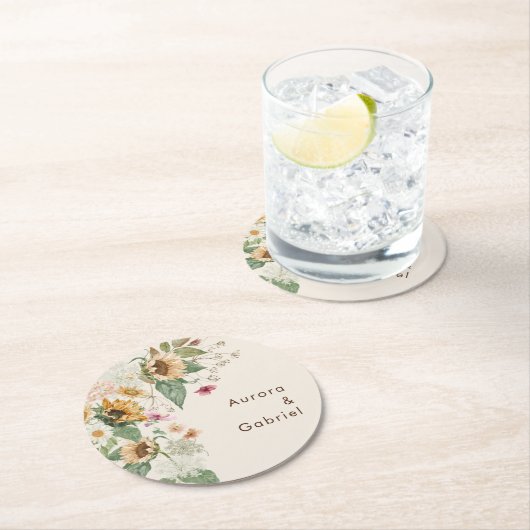 Landelijke zonnebloem beige bruiloft papieren coas ronde kartonnen onderzetter (Insitu)