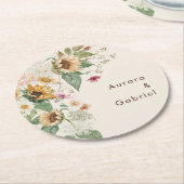 Landelijke zonnebloem beige bruiloft papieren coas ronde kartonnen onderzetter (Gebogen)